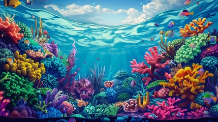 Surreal illustration of a brain coral reef ecosystem featuring vibrant underwater colors and fantastical marine life set against a dreamy backdrop