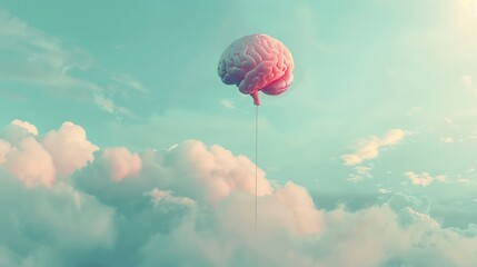 Surreal image of a brain balloon tethered by a string floating amidst soft clouds designed to evoke a sense of dreaming and exploration ideal for creative or philosophical artwork - obrazy, fototapety, plakaty