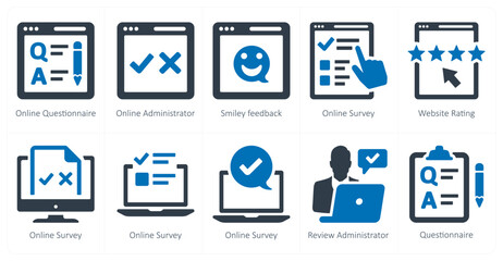 A set of 10 survey and ratings icons as online questionnaire, online adminsitrator, smiley feedback