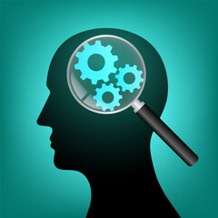 Magnifying Glass with Gear. Brainstorm, Creativity and Thinking Idea Concept. Vector Illustration. 