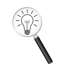 Magnifying Glass with Lightbulb.  Brainstorm, Creativity and Thinking Idea Concept. Vector Illustration. 