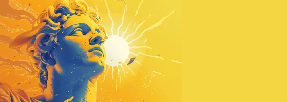 Helios Helius ancient Greek religion and mythology banner with Copy space. The god who personifies the Sun. He is often given the epithets Hyperion the one above and Phaethon the shining.