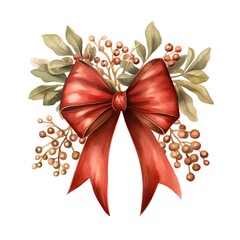 Watercolor Christmas bow with berries. Hand painted illustration isolated on white background