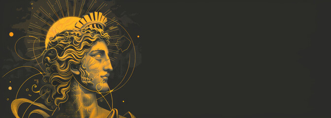 Helios Helius ancient Greek religion and mythology banner with Copy space. The god who personifies the Sun. He is often given the epithets Hyperion the one above and Phaethon the shining. - obrazy, fototapety, plakaty