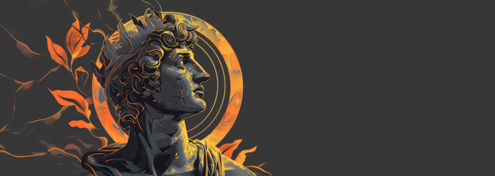 Helios Helius ancient Greek religion and mythology banner with Copy space. The god who personifies the Sun. He is often given the epithets Hyperion the one above and Phaethon the shining.