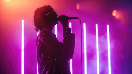 A dramatic shot of the singer against a gradient of purple neon lights. 