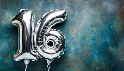 Banner with number 16 silver balloon. 16 years anniversary celebration. Dark blue background.