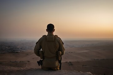 Soldier guarding the horizon at sunset - obrazy, fototapety, plakaty