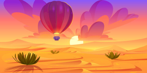 Naklejka premium Hot air balloon and sunset desert landscape scene. Wild west horizon illustrated design. Beautiful sahara valley with sun in pink and orange sky summer banner. Arabian sand hills game illustration
