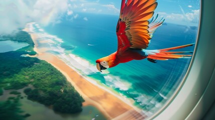 Wonder Summer welcome joy macaw bird flying near window airplane view from inside ocean background 