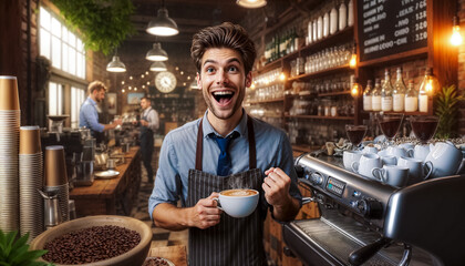  joyful hipster man barista, with smile that reflects the welcoming nature - 794825321