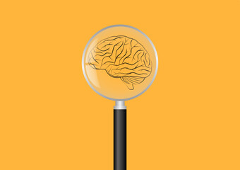 Magnifying Glass with Brain.  Brainstorm, Creativity and Thinking Idea Concept. Vector Illustration. 