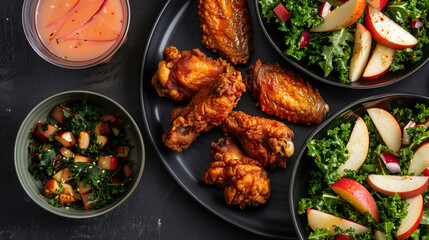 Delight in the juxtaposition of crispy golden fried chicken wings nestled next to a refreshing kale and apple salad, lightly dressed with a tantalizing vinaigrette. Captured in a top-down wide-angle 