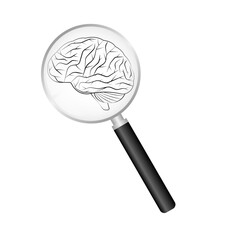 Magnifying Glass with Brain.  Brainstorm, Creativity and Thinking Idea Concept. Vector Illustration. 