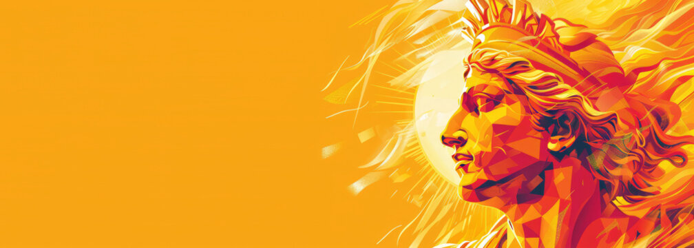 Helios Helius ancient Greek religion and mythology banner with Copy space. The god who personifies the Sun. He is often given the epithets Hyperion the one above and Phaethon the shining.