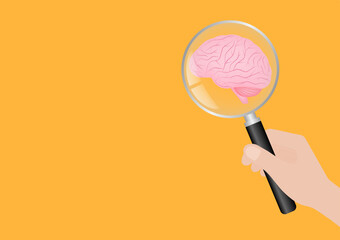 Hand Holding Magnifying Glass with Brain. Brainstorm, Creativity and Thinking Idea Concept. Vector Illustration. 