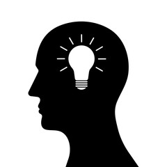 Human Head with Lightbulb. Brainstorm, Creativity and Thinking Idea Concept. Vector Illustration. 