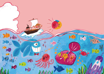海を航海する子供たちのイラスト