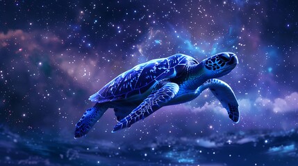 Fototapeta premium A majestic sea turtle swims gracefully through a cosmic ocean, surrounded by a tapestry of stars and nebulous clouds, Digital art style, illustration painting.