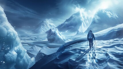 A lone figure trudges through a vast, icy landscape. Snow-capped mountains tower in the distance, while treacherous crevasses and icy winds threaten to consume the traveler.