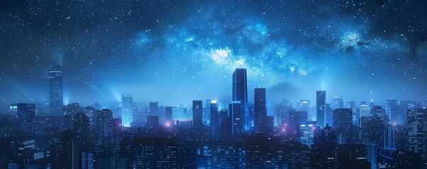 A night view of a city with blue light and stars in the sky.