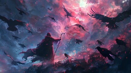A cloaked mage stands amidst ruins, commanding a flock of birds under a swirling sky of crimson and indigo hues, Digital art style, illustration painting.