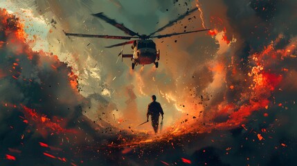 A lone hero makes a stand amidst a raging inferno as a helicopter descends through the fiery chaos, creating a scene of suspense and action, Digital art style, illustration painting. - obrazy, fototapety, plakaty