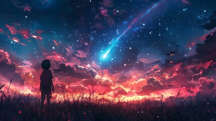 Fototapeta premium A child stands in a field of tall grass, awestruck by the stunning view of a colorful meteor shower lighting up the twilight sky, Digital art style, illustration painting.