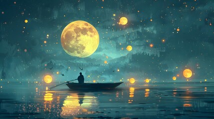 In a serene nocturnal setting, a solitary boatman rows under a captivating sky adorned with an oversized moon and glittering orbs of light, Digital art style, illustration painting. - obrazy, fototapety, plakaty
