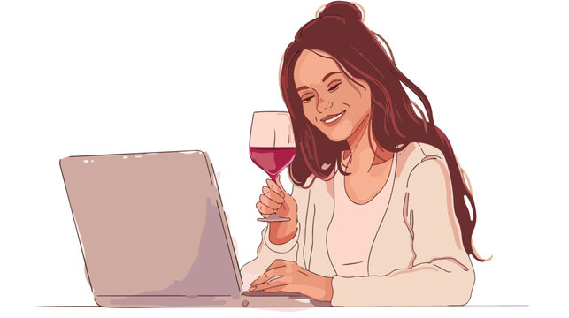 Smiling woman holding wine glass while working on lap