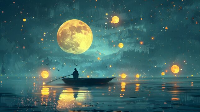 In a serene nocturnal setting, a solitary boatman rows under a captivating sky adorned with an oversized moon and glittering orbs of light, Digital art style, illustration painting.