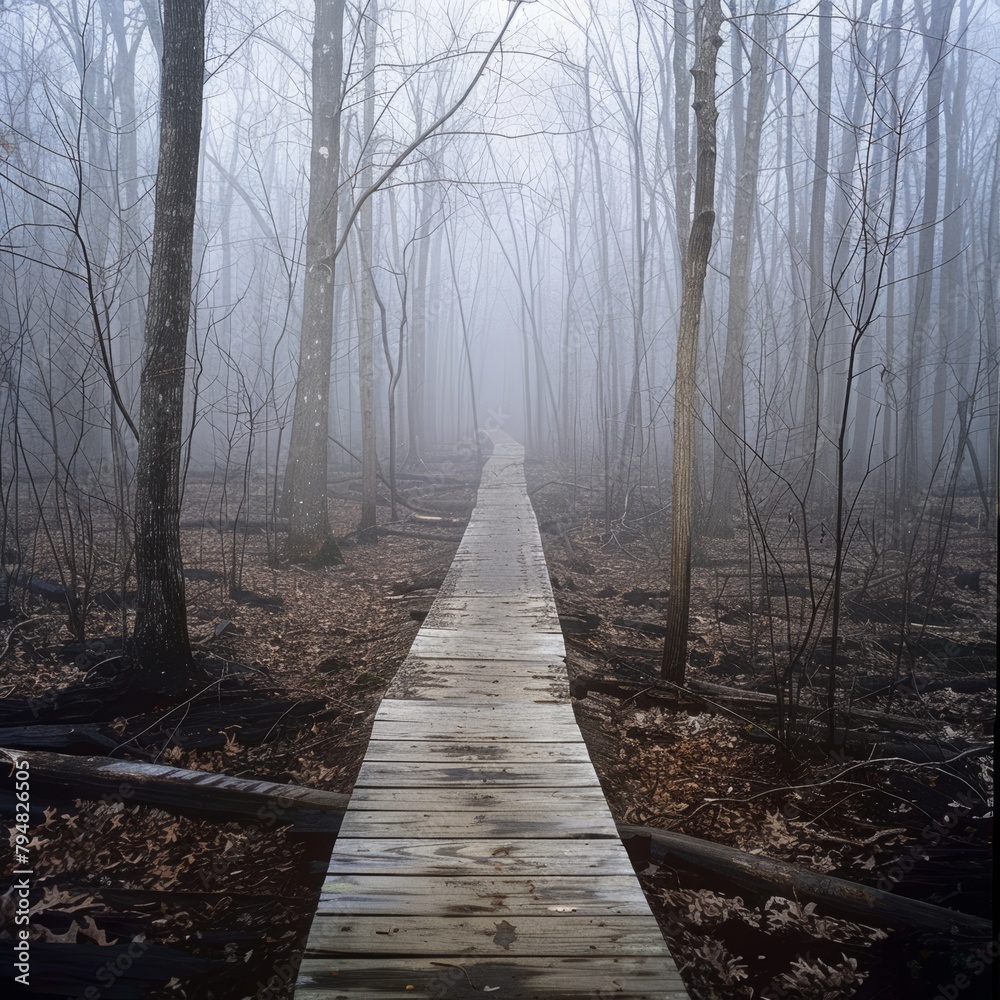 Wall mural A foggy forest path with a wooden bridge