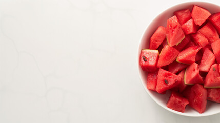 Watermelon chunks in a bowl on a white table aerial view space on the left