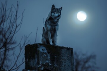 A wolf is sitting on a stone in the dark with the moon, Generative AI