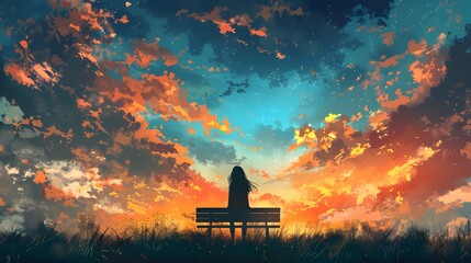 A solitary figure sits on a bench, lost in thought while gazing at a breathtaking sunset that paints a vibrant tapestry of colors across the sky, Digital art style, illustration painting.