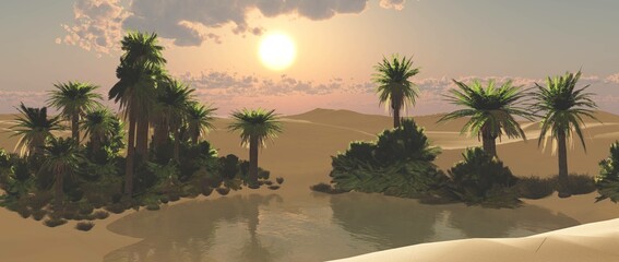 Oasis at sunset in a sandy desert, a panorama of the desert with palm trees,
3d rendering - 794826574