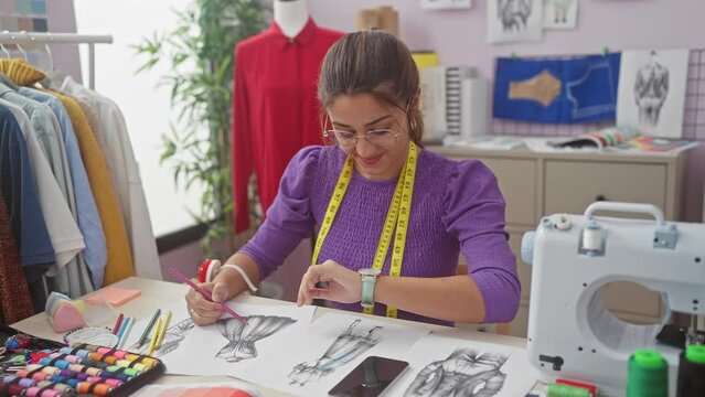 Confident young hispanic woman dressmaker checking wrist watch time while sitting at table in bustling atelier, embracing punctuality in her successful tailoring business