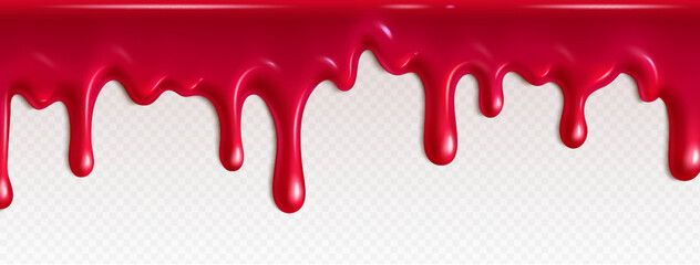 Red jam drip. Strawberry syrup liquid flow texture. Melt raspberry jelly fluid design. Isolated sweet pink realistic marmalade molten border. Falling wave effect with tasty dessert stream flowing - obrazy, fototapety, plakaty