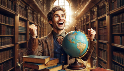 joyful scientist, geographer, traveler with globe against background of bookshelves in library - 794826727