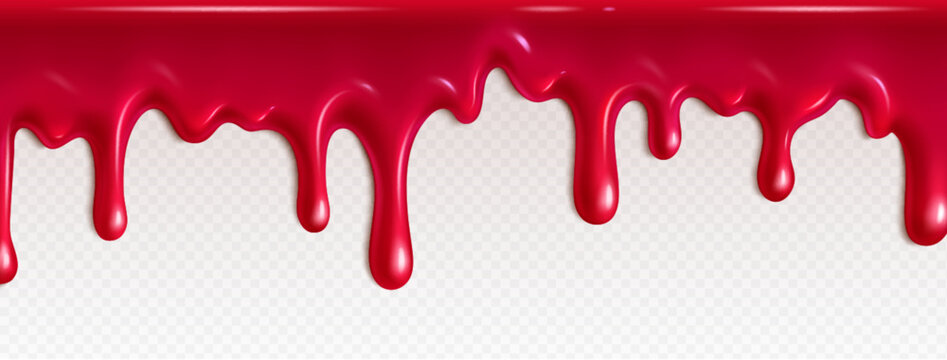 Red jam drip. Strawberry syrup liquid flow texture. Melt raspberry jelly fluid design. Isolated sweet pink realistic marmalade molten border. Falling wave effect with tasty dessert stream flowing