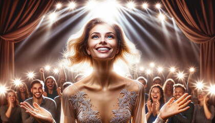 joyful female dancer performing on stage, radiating joy during breathtaking performance - 794827136