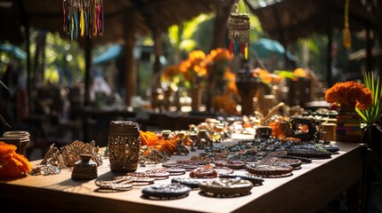 A table displays a dazzling array of assorted jewelry pieces - obrazy, fototapety, plakaty