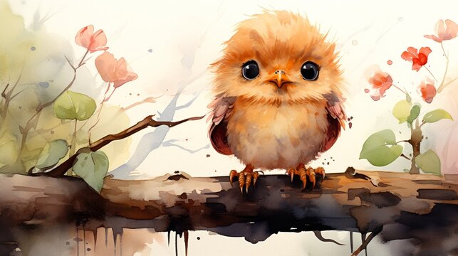 A cute watercolor painting of a baby owl sitting on a branch with flowers in the background.