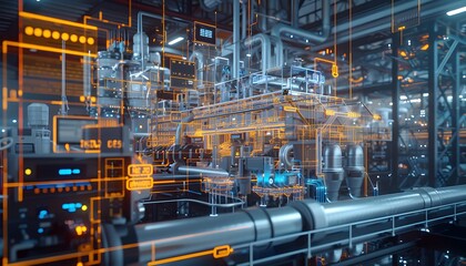 Intricate Digital Twin Simulation of a Futuristic Industrial Power Plant Process with Precise Technical Schematic-Like Visualization and High Detail