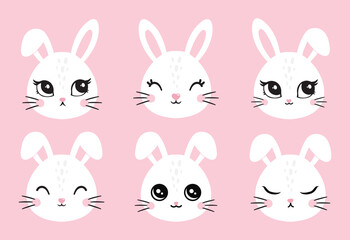 Vector illustration of cute white bunny, rabbit, hare. Cutie animal portraits in pastel pink white colors. Stickers, wall art, kids room decoration, easter decoration, print, design, decor, poster. 