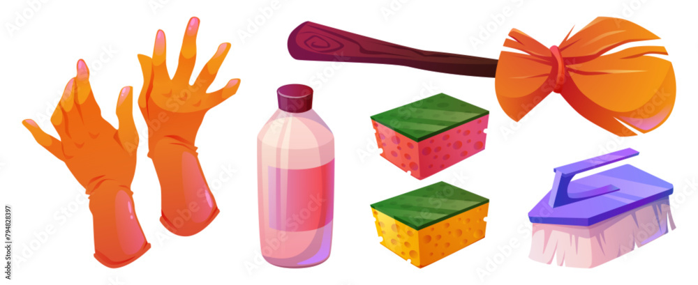 Wall mural household clean supplies. broom and brush icon. home cleaner equipment set. bottle, sponge, broomsti