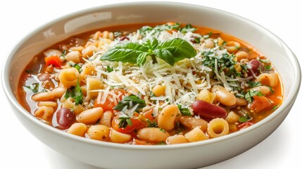 Sumptuous bowl of Minestrone, brimming with seasonal vegetables, beans, and pasta, garnished with herbs and Parmesan, isolated on white, studio lighting