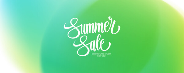 Summer Sale promotional banner. Summertime commercial blurred background with hand lettering for business, seasonal shopping promotion and sale advertising. Vector illustration.