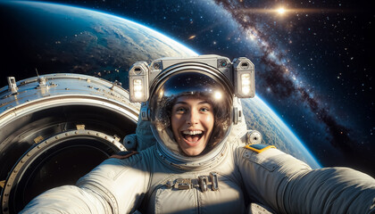 happy astronaut in space working on a space station - 794828536