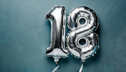 Banner with number 18 silver balloon. 18 years anniversary celebration. Blue background.
